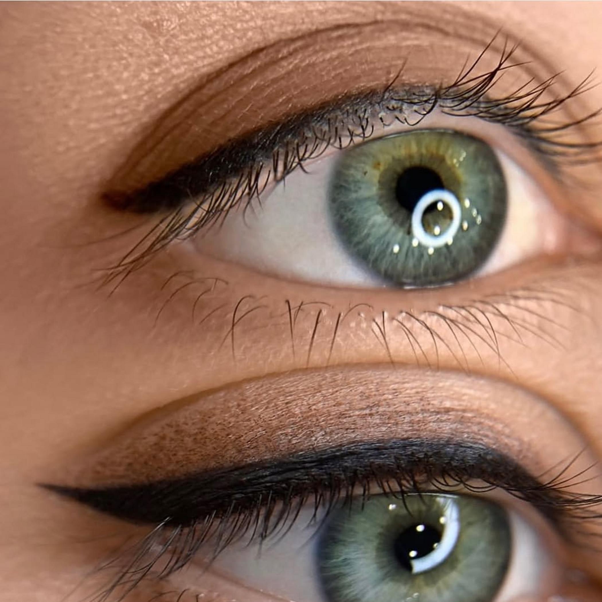 close up winged eyeliner tattoo detail